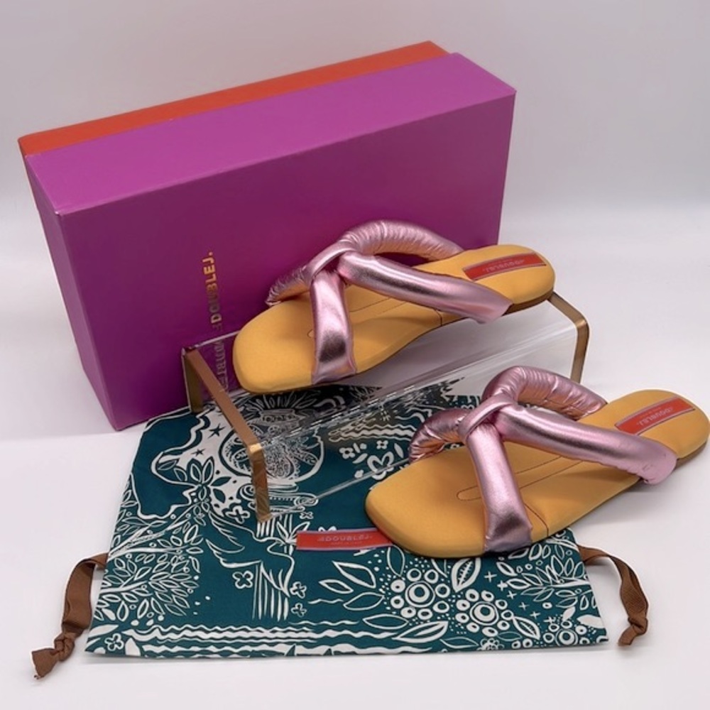 LA DoubleJ NWB Precious Puffy Leather Slide Sandals Giallo/Pink